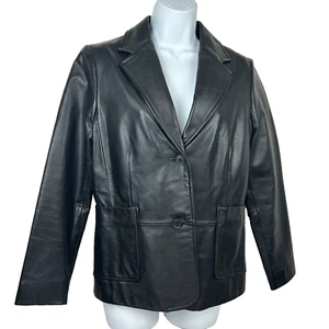 GAP Leather Y2K Jacket Women Black Blazer 2 Button Front Lined Coat Size 4 - Picture 1 of 18