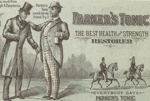 Parker’s Tonic-Health Elixir-Quack Medicine-Dyspepsia-Men-Horses-Top Hats - Picture 1 of 4