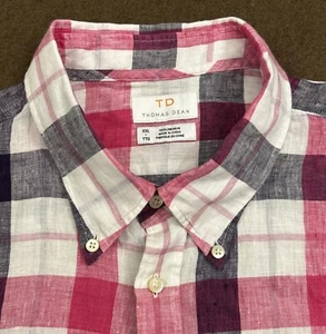 NWOT THOMAS DEAN Mens Pink Purple Plaid 100% Linen Long Sleeve Shirt 2XL - Picture 1 of 6