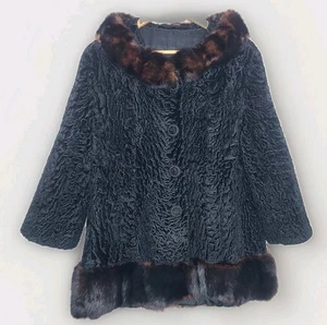 Vtg 1950s/60s Curly Persian Real Fur Lamb Mink Collar And Hem Swing Coat Black - Picture 1 of 8
