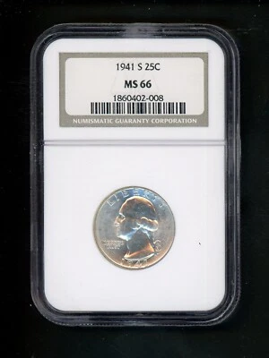 1941-S US Washington Quarter 25c .25 NGC MS66 Gem UNC Ch Bright White Spot Free Foto 1 de 4