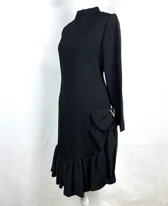 Vintage 60s Roger Milot for Fred Perlberg Crepe Ruffle Hem Shift Dress Bow S / M - Picture 1 of 7