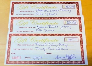 $125 in 3 Genuine 'Namaste Indian Grocery' Gift Certificate | Rochester New York - Picture 1 of 6