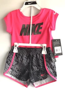 Nike Toddler Girl Shirt & Shorts Set ~ Neon Pink, Gray & Black ~ DRI-FIT 24 m - Picture 1 of 5