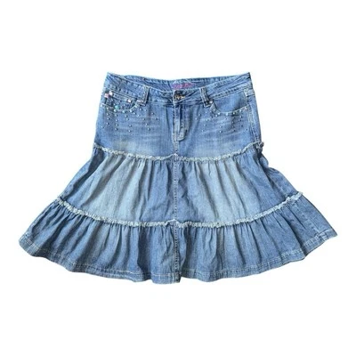 De Colección True Y2K Younique Denim Vaquero Volantes Flecos Patchwork Dobladillo Falda Embellecida Foto 1 de 4