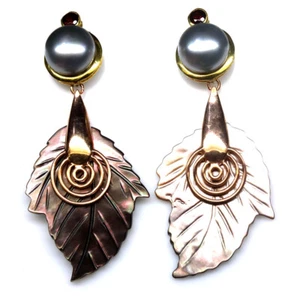 Gray Mother Of Pearl, Pearl & Ruby Earrings 925 Silver 18K Gold - Picture 1 of 4