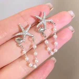 2025 Tassel Shell Starfish Pearl Crystal Earings Stud Jewelry Gift For Womens - Picture 1 of 8