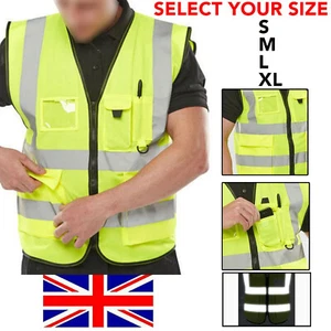Hi Viz Visibility Safety Vest Jacket Waistcoat High Vis With Phone Pockets Work - Picture 1 of 16