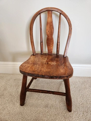 Antique Brown Oak Wooden Windsor Back Child Chair Old Farmhouse Toddler Stool Cover