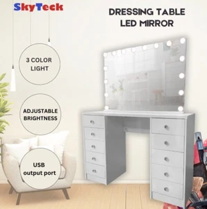 WHITE MAKE-UP DRESSER TABLE WITH ADJUSTABLE LED MIRROR WITH DRAWER KLDS07-D - Picture 1 of 10