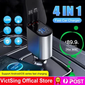 4 IN 1 Retractable Car Charger Cable Dual Port USB-C PD Fast Charging Adapter AU - Picture 1 of 16