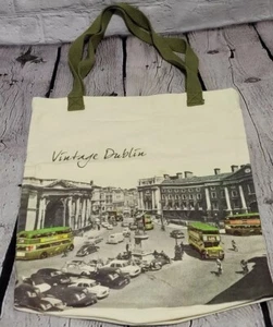 Vintage Dublin Ireland Canvas Tote Shoulder Bag Green and Cream - Picture 1 of 2
