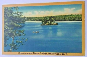 Postal de Nueva York Lake Scene alrededor de Butler Lodge, Hurleyville, Nueva York canoa de lino - Imagen 1 de 2