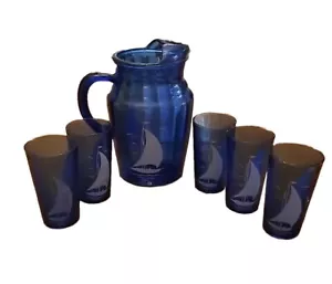 HAZEL ATLAS Cobalt Blue Beverage Pitcher and 5 Glasses - Picture 1 of 10