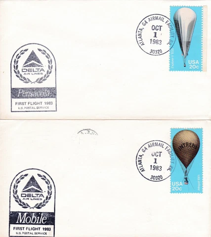 2 1983 First Flight Covers Delta Mobile and Pensacola 20c Hot Air Balloon Stamps Cover