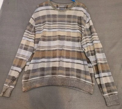 Talbots Men’s Sweater Size L 100% Pima Cotton Plaid Blue Tan Gray And White  - Image 1 of 4