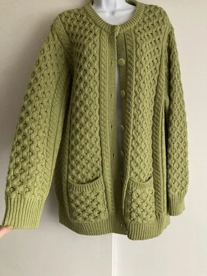 Aran Crafts 100% Merino Wool Green Button Up Chunky Knit Cardigan Sweater, Sz XL - Image 1 of 4
