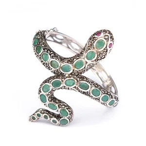 Sterling Silver Emerald Ruby Marcasite Snake Cuff Bracelet - Picture 1 of 10