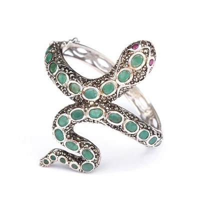 Sterling Silver Emerald Ruby Marcasite Snake Cuff Bracelet - Image 1 of 4