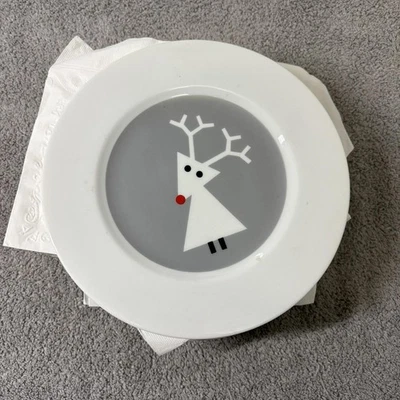 Crate & Barrel Reindeer Dessert Salad Plates Set of 8 Gray White Christmas 8" - Image 1 of 4