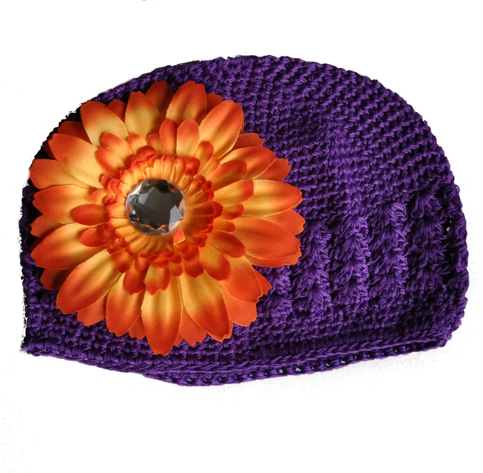 Crochet Cap Violeta + Flores Naranja Bebé Gorra Algodón Pelo T.L 2-5 Años - Imagen 1 de 1