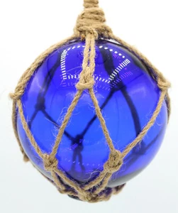 Fischerkugel ca. 10cm Glas BLAU eingeflochten in einem Netz aus Sisal (Tampen) - Bild 1 von 3