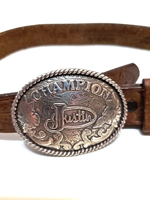 Cinturón de cuero Justin Boots vintage con hebilla Champion talla 24 Foto 1 de 4