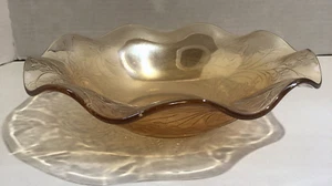 Carnival Glass Dish Yellow Gold Floral 9.5in Diameter - Picture 1 of 13