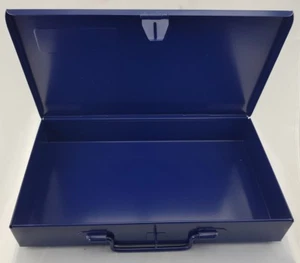 DARK BLUE METAL TOOL TIN CASE WITH HINGED LID AND LATCH, IDEAL FOR 3/8" SOCKETRY - Picture 1 of 2