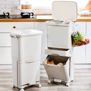 Slim Tall Kitchen Rubbish Waste Bin Dual Multi Compartment Pedal Dustbins Wheels - Picture 1 of 84
