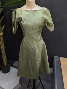 Vintage 1950s Lorrie Deb Moss Green Satin Party Dress Back Bow Fit n Flare Sz 11 - Picture 1 of 12