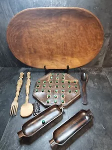 πA Hand Carved Ethnic Tray With Wooden Antique Solitaire Board + Accessories π - Picture 1 of 12