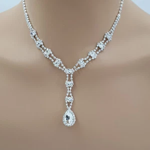 Silver Crystal Bridal Wedding Party Favour Jewellery Set Choker Necklace Earring - Picture 1 of 11