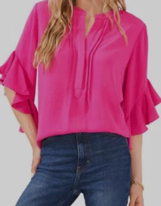 Vince Camuto Ruffle Sleeve Split Neck Blouse Womens S Pom Pink Pullover Style - Picture 1 of 14