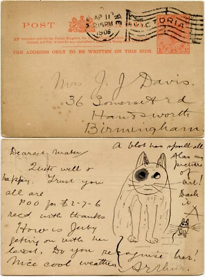 AUSTRALIA VICTORIA 1906 STATIONERY CARD with ILLUSTRATED PEN DRAWING of CAT - Image 1 of 3