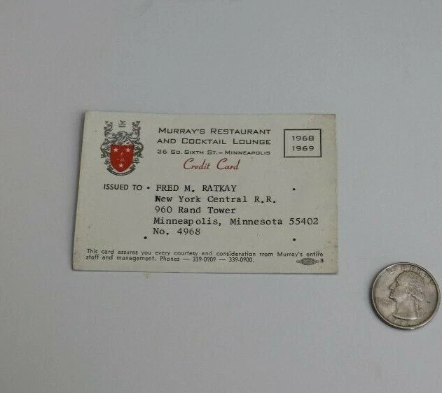 RARE MURRAY`S RESTAURANT & COCKTAIL LOUNGE CREDIT CARD RAILROAD AFFILIATED 1968 - Image 1 of 3
