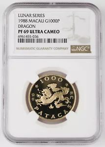 Macau 1988 1000 Pataca 0.4710 Oz AGW Gold Proof Coin Year of Dragon NGC PF69 UC - Picture 1 of 4
