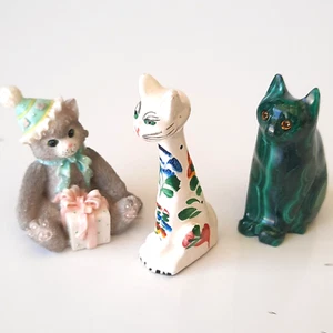 Cats Kitties Malachite Gemstone, Portuguese Pottery Long Necked, Calico Resin P - Picture 1 of 14
