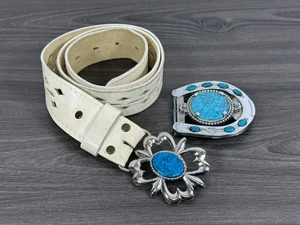 Westerngürtel weiß Leder mit 2 silbernen Metall-/Kunsttürkis Schnallen Gr. L/XL - Bild 1 von 24
