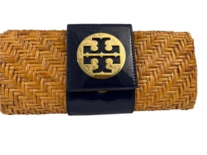 Tory Burch Rattan Clutch with Navy Patent Trim - Picture 1 of 6