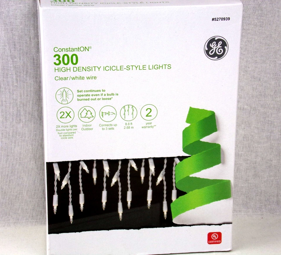 GE 300 Constant ON High Density Icicle Lights 5270939 Clear White Wire 8.8FT