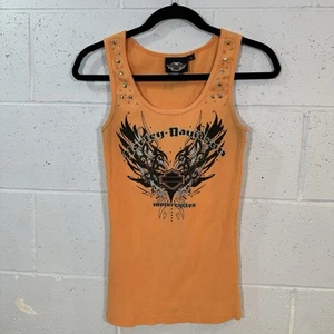 Harley-Davidson Women’s Small Orange Tank Top Rhinestone Y2K Girlie Biker - Picture 1 of 11