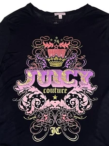 Y2K Juicy Couture Tshirt Top XL schwarz Tunika Grafik verziert Krone Hi-Lo Saum - Bild 1 von 13