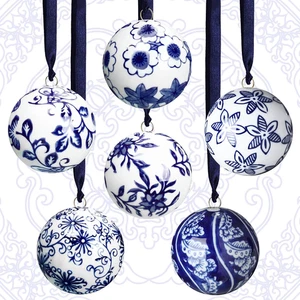 6 Pcs Blue and White Christmas Porcelain Balls 2.4 Inch Porcelain Chinoiserie Or - Picture 1 of 11