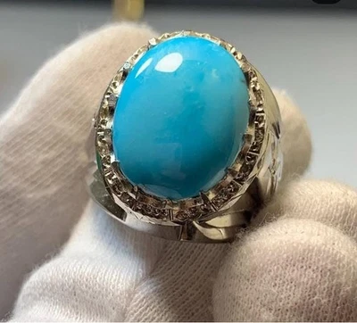 Natural Turquoise Ring for Men, Handmade 925 Sterling Silver Nishapuri Feroza Foto 1 de 4