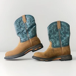 Ariat WorkHog H2O Stiefel Herren 8,5 B Braun Blau Wasserdicht Leder Rutschfest - Bild 1 von 11