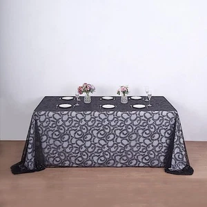 90x156" BLACK Sheer Tulle Rectangular TABLECLOTH Embroidered Sequins Party - Picture 1 of 8