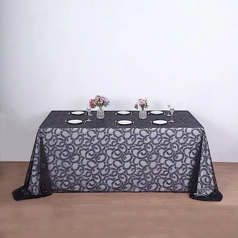 90x156" BLACK Sheer Tulle Rectangular TABLECLOTH Embroidered Sequins Party - Image 1 of 4