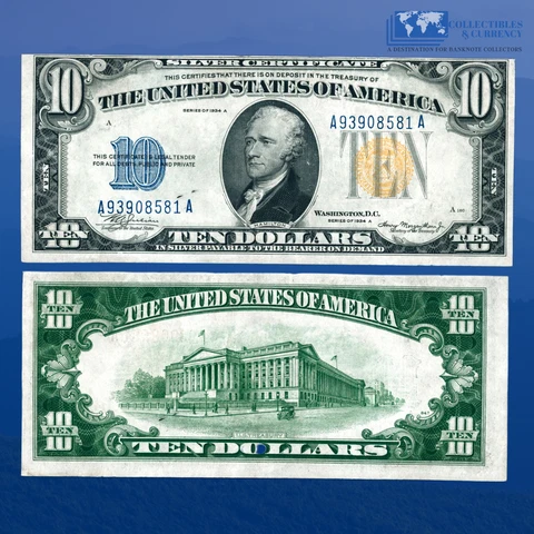 Fr.2309 1934A $10 Silver Certificate Yellow Seal "North Africa", VF #08591 Cover