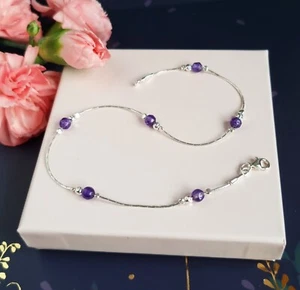ANKLET Amethyst Birthstone 925 Sterling Silver Chain Ankle Bracelet - Picture 1 of 4